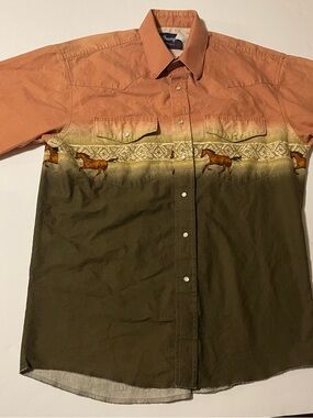 Wrangler Two-Tone Horse Motif Western Shirt - Rust & Olive Green